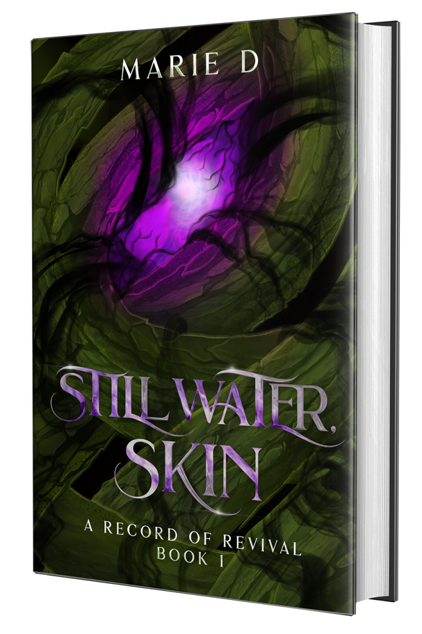 The cover of Still Water, Skin. Image description: Thick roots intertwined with one another, with black energy wrapped around the roots. Within the roots is a purple light that is being attacked by the black energy.