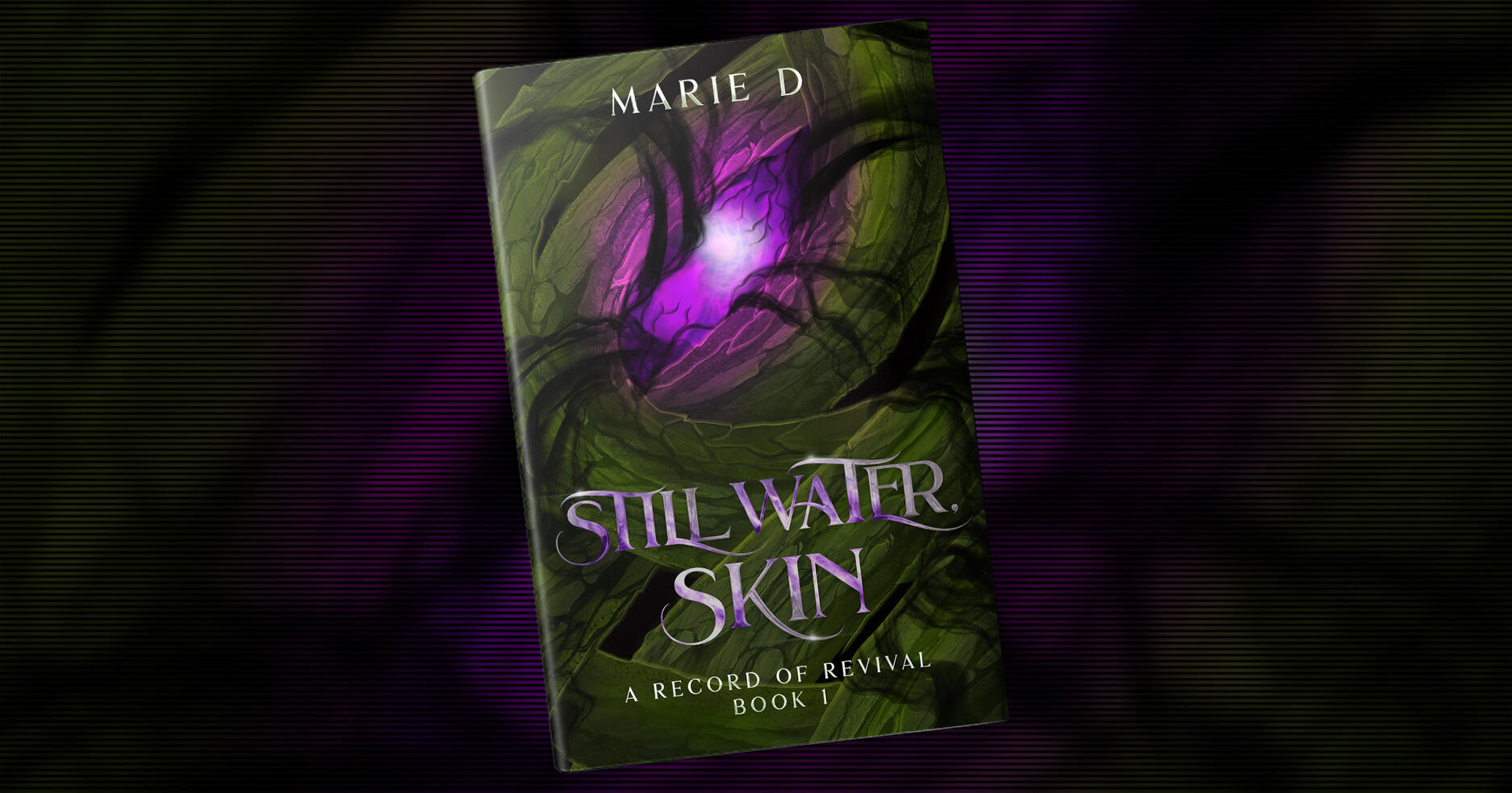 Still Water, Skin Cover The cover of Still Water, Skin. Image description: Thick roots intertwined with one another, with black energy wrapped around the roots. Within the roots is a purple light that is being attacked by the black energy.