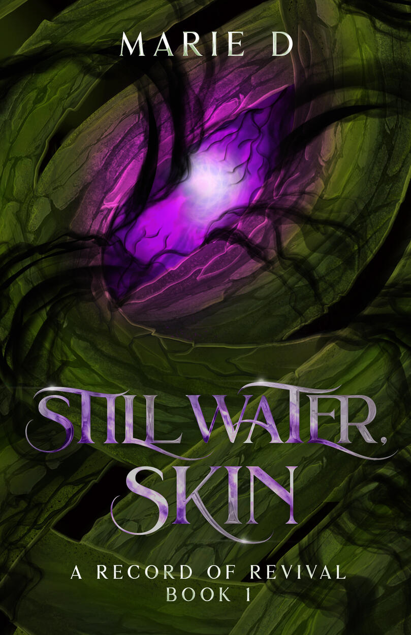 Still Water, Skin Cover The cover of Still Water, Skin. Image description: A glowing purple eye being swallowed by dark energy. The eye is wrapped around green roots